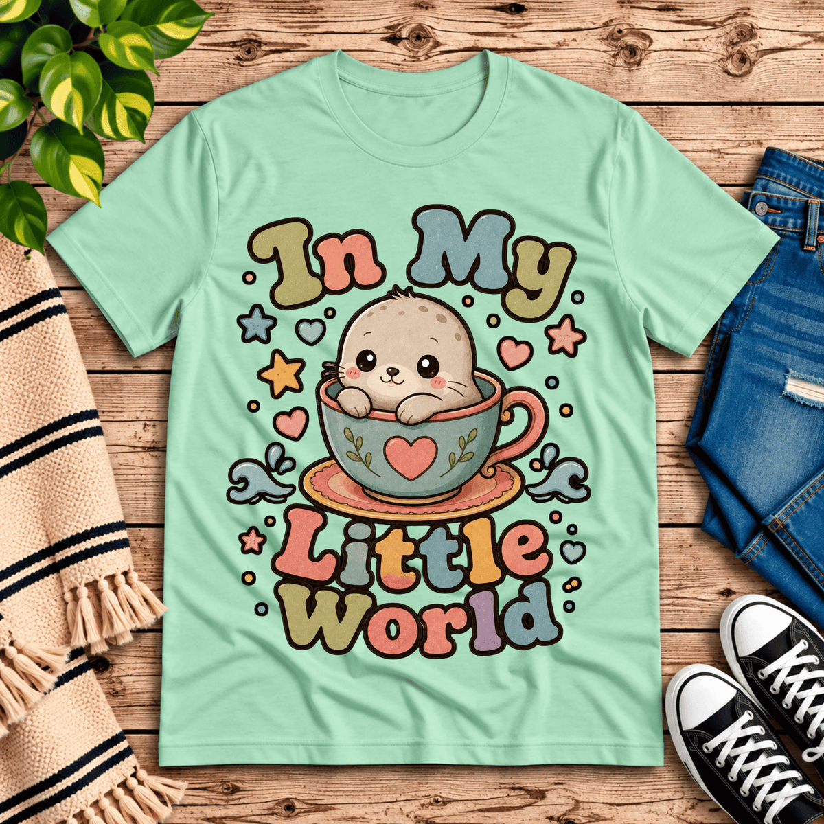 In My Little World cute animal graphic t-shirt cozy flat lay in mint.