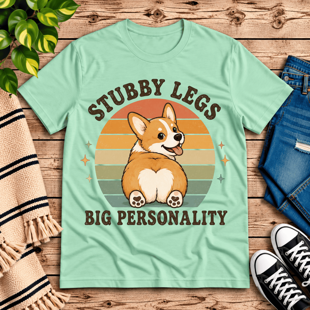 Stubby Legs cute animal graphic t-shirt cozy flat lay in mint.