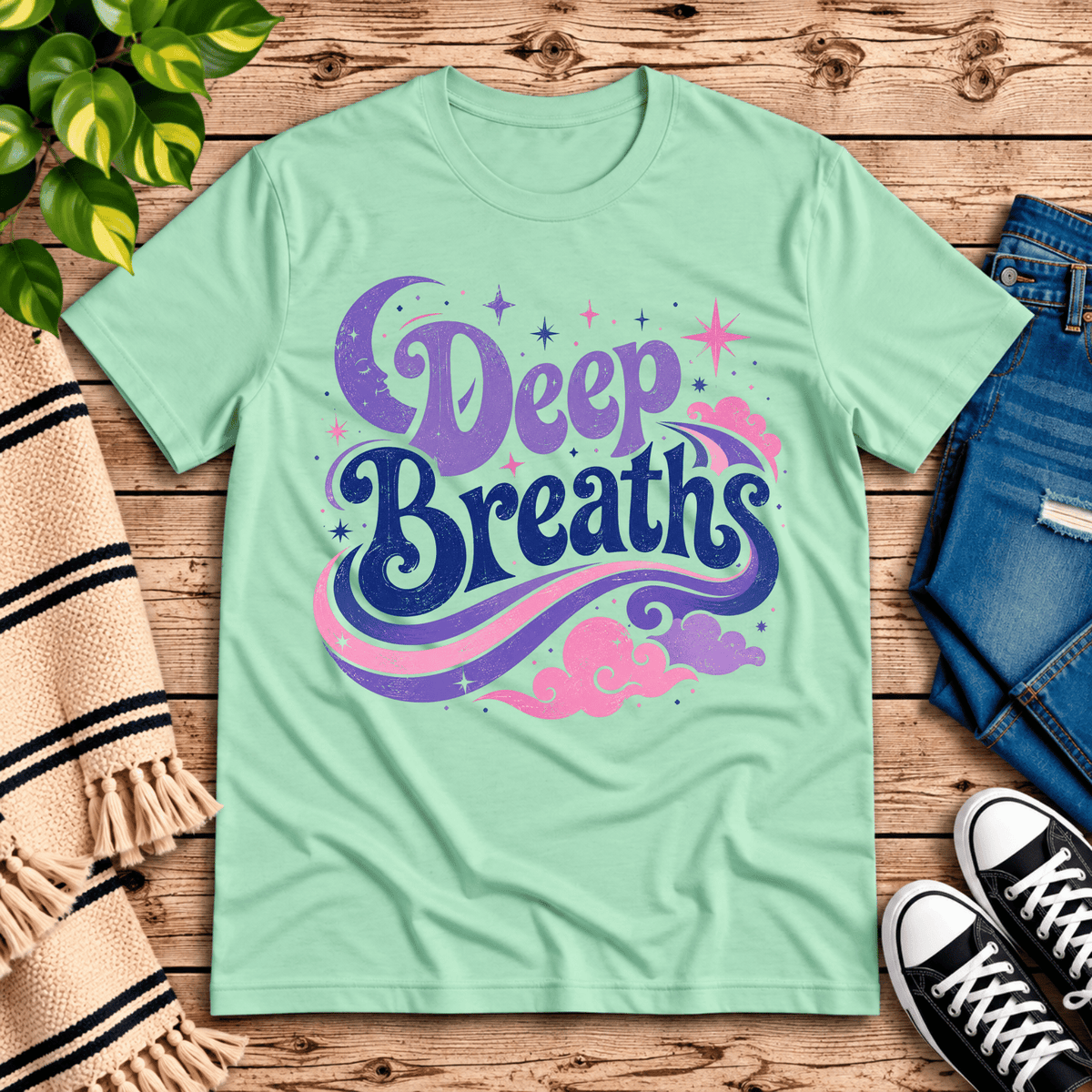 Deep Breaths inspirational introvert graphic t-shirt cozy flat lay in mint.