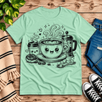 Happy Coffee cute kawaii graphic t-shirt cozy flat lay in mint.