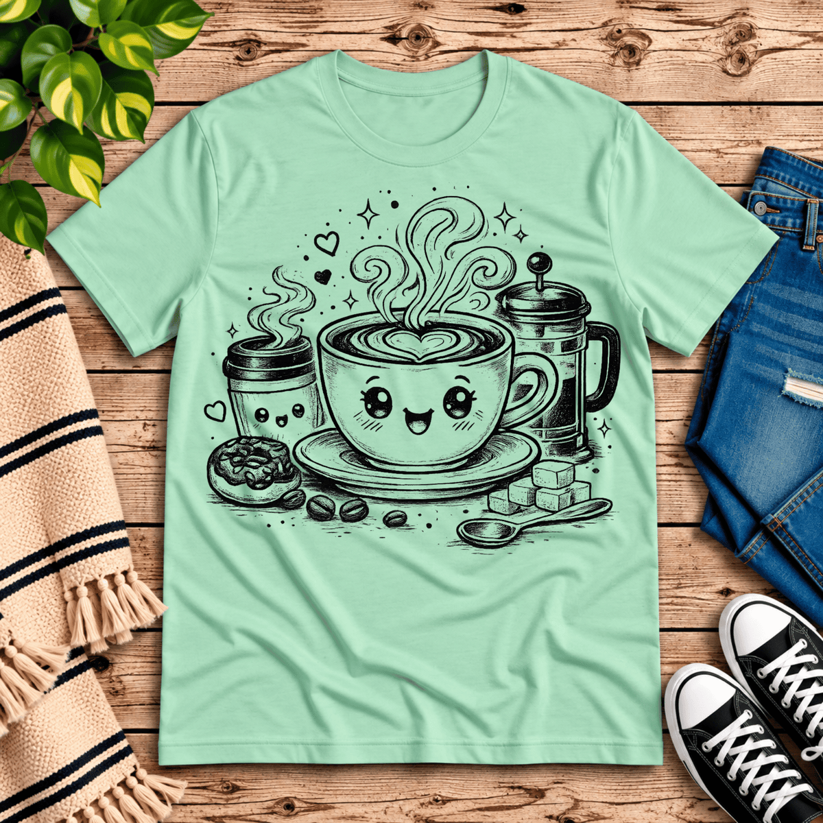Happy Coffee cute kawaii graphic t-shirt cozy flat lay in mint.
