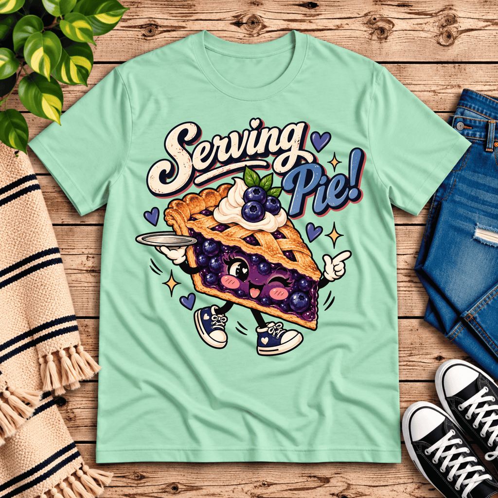 Serving Pie retro food graphic t-shirt cozy flat lay in mint.