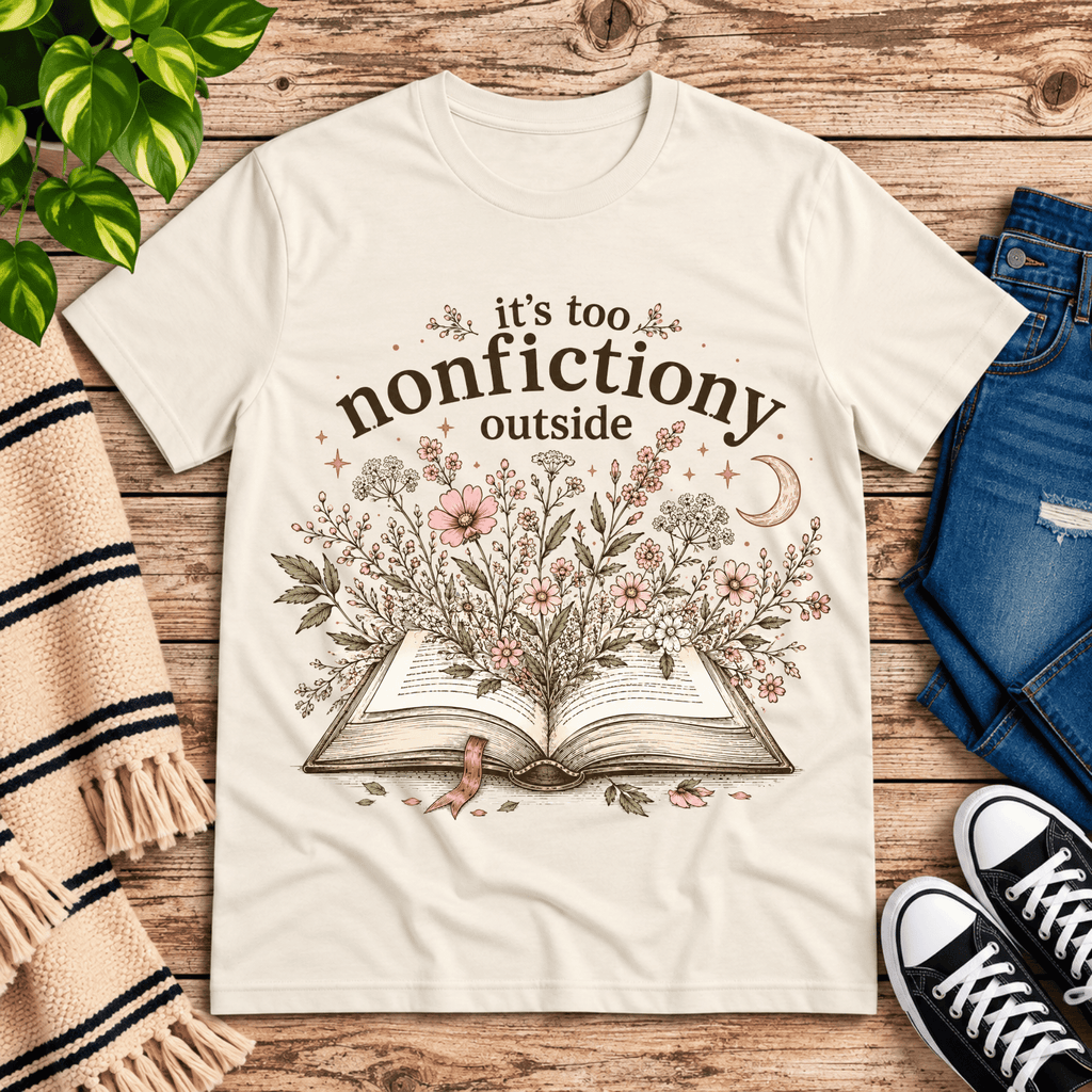 Nonfictiony whimsical book graphic t-shirt cozy flat lay in natural.