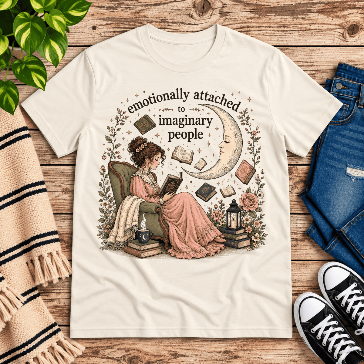 Imaginary People cute book graphic t-shirt cozy flat lay in natural.