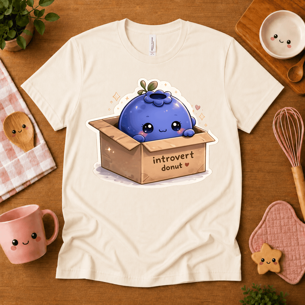 Blueberry Box cute food graphic t-shirt in cozy flat lay in natural.