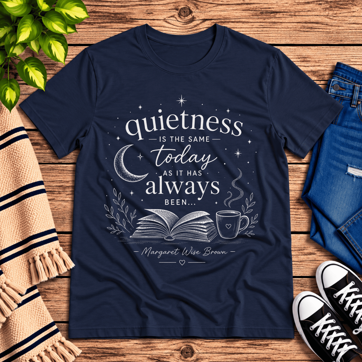 Quietness Today book quote graphic t-shirt cozy flat lay in navy.