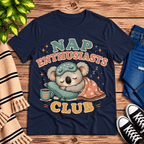 Nap Enthusiasts Club cute animal graphic t-shirt cozy flat lay in navy.