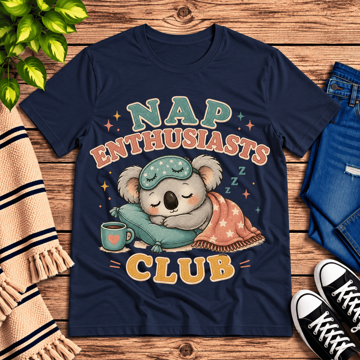 Nap Enthusiasts Club cute animal graphic t-shirt cozy flat lay in navy.