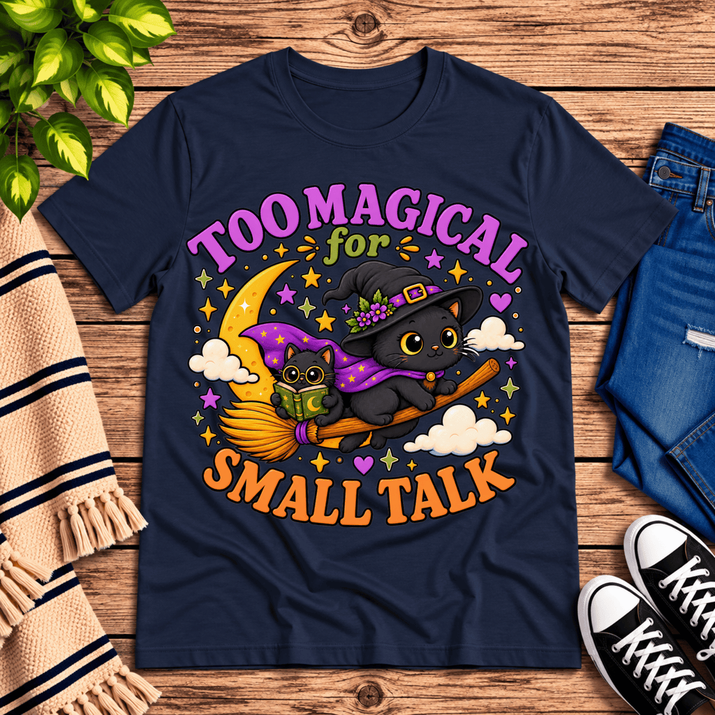 Too Magical cute celestial graphic t-shirt cozy flat lay in navy.