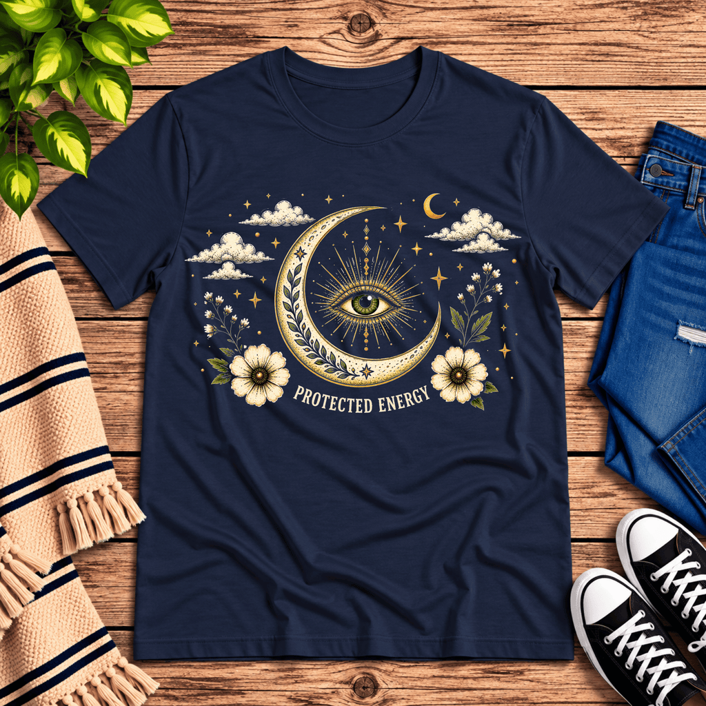 Protected Energy celestial mystic graphic t-shirt cozy flat lay in navy.