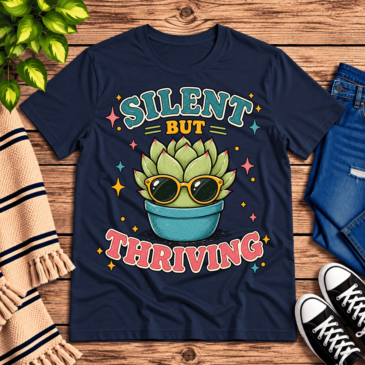 Silent But Thriving cute plant graphic t-shirt cozy flat lay in navy.