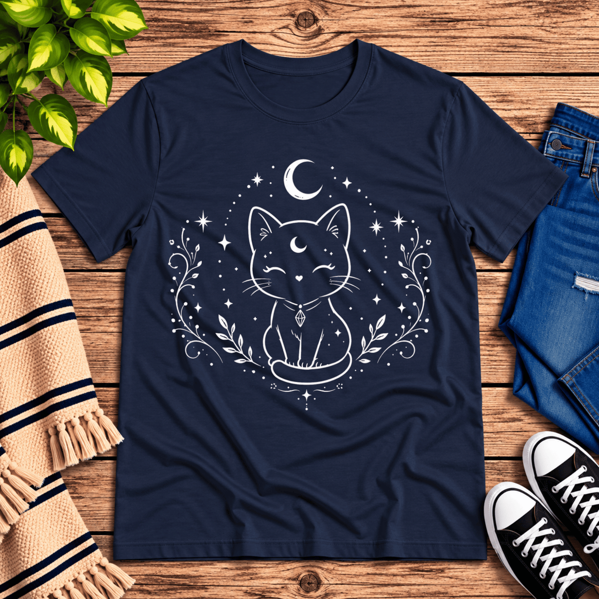 Mystical Cat celestial graphic t-shirt cozy flat lay in navy.