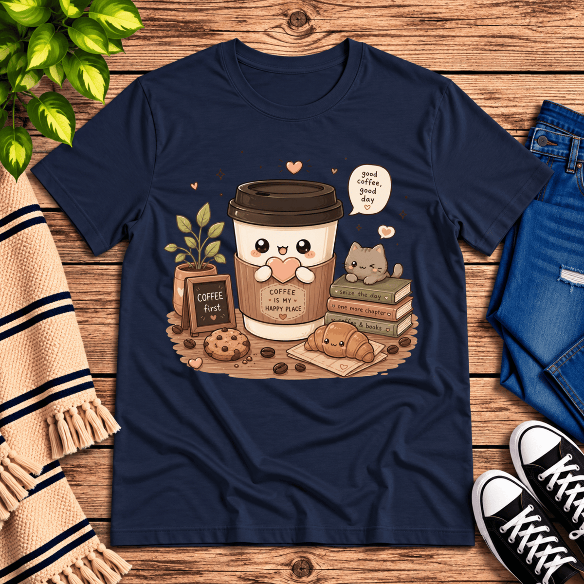 Good Coffee graphic t-shirt cozy flat lay in navy.