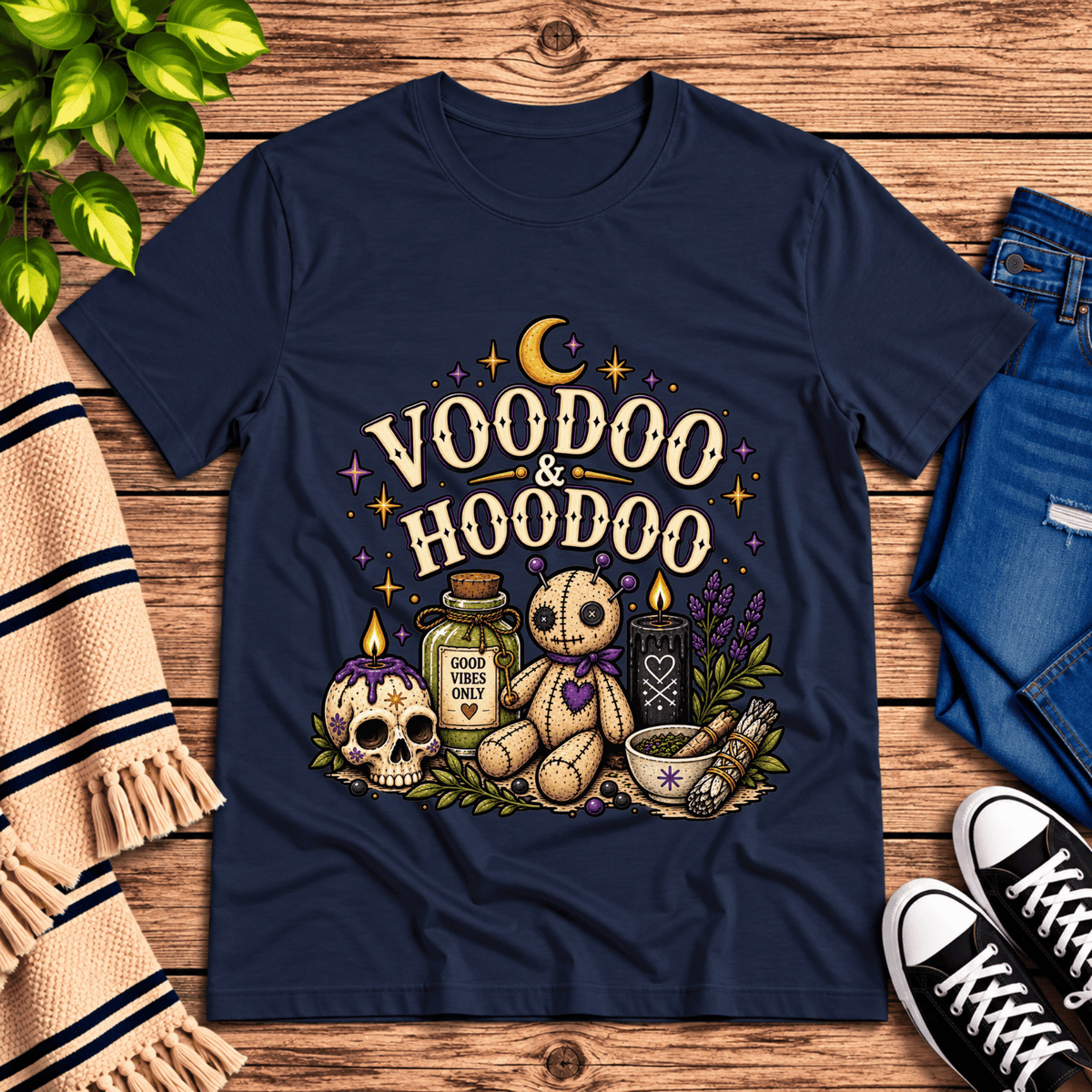 Voodoo & Hoodoo magical witchy graphic t-shirt cozy flat lay in navy.