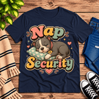 Nap Security cute animal graphic t-shirt cozy flat lay in navy.