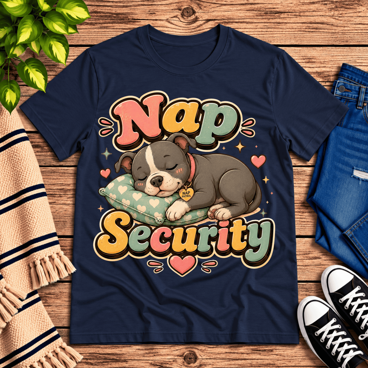 Nap Security cute animal graphic t-shirt cozy flat lay in navy.
