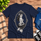 Mermaid Cameo vintage pinup graphic t-shirt cozy flat lay in navy.
