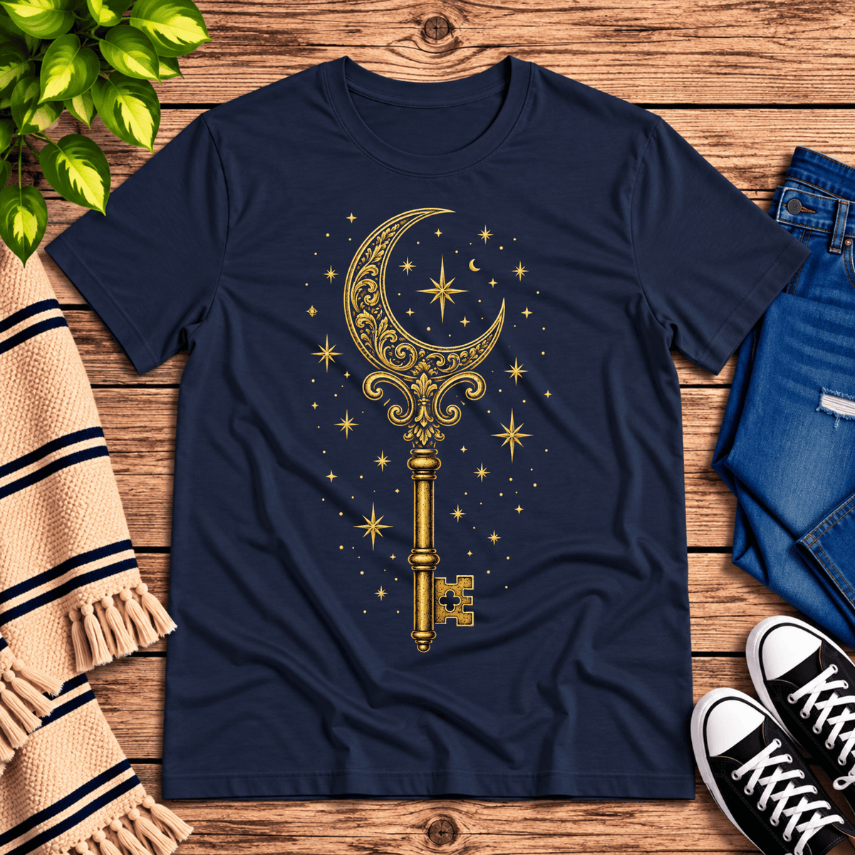 Moonlight Key whimsical celestial graphic t-shirt cozy flat lay in navy.