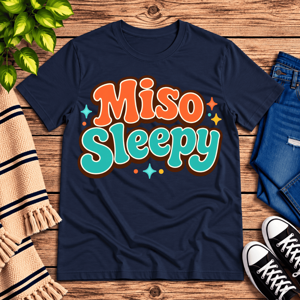 Miso Sleepy funny food graphic t-shirt cozy flat lay in navy.