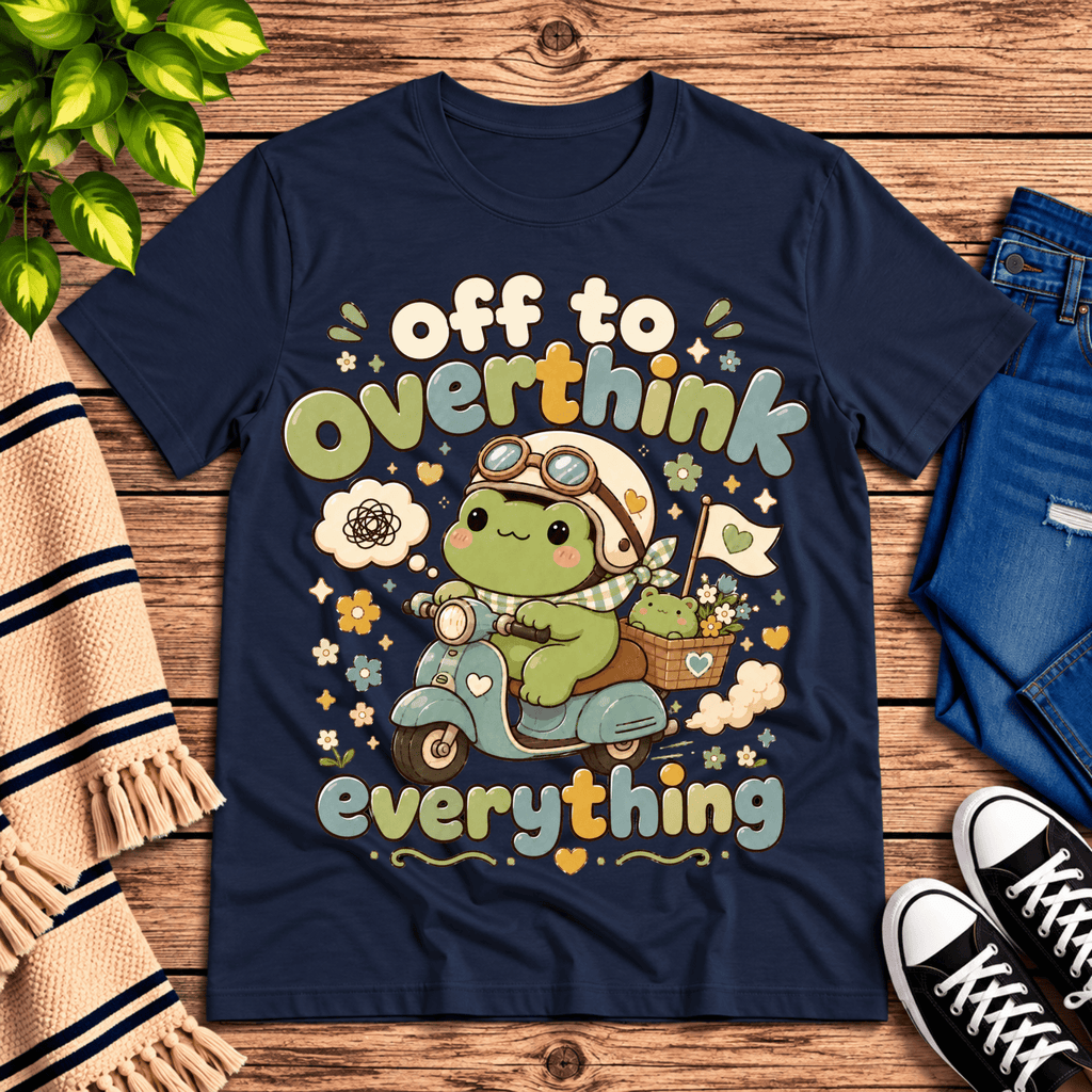 Overthink Frog cute animal graphic t-shirt cozy flat lay in navy.