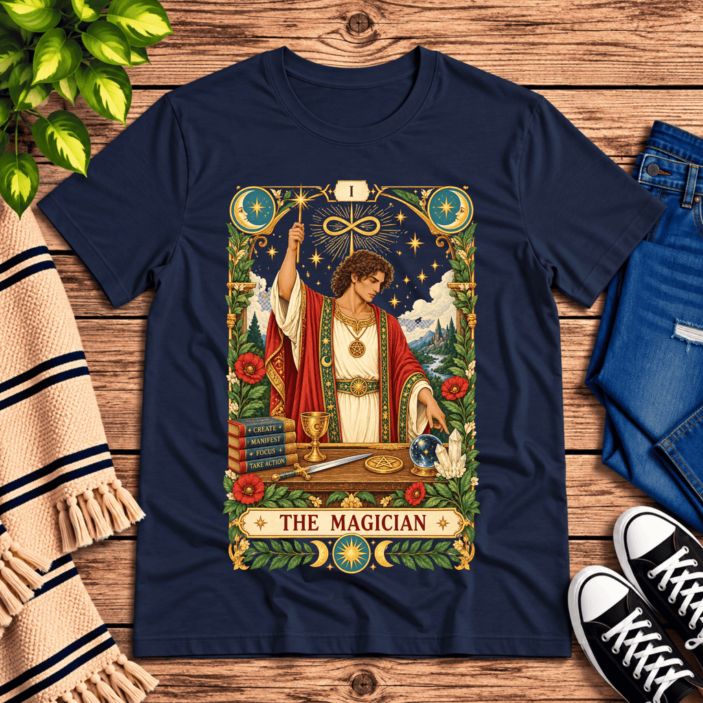 The Magician tarot card graphic t-shirt cozy flat lay in navy.