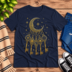 Cosmic Keyring whimsical celestial graphic t-shirt cozy flat lay in navy.