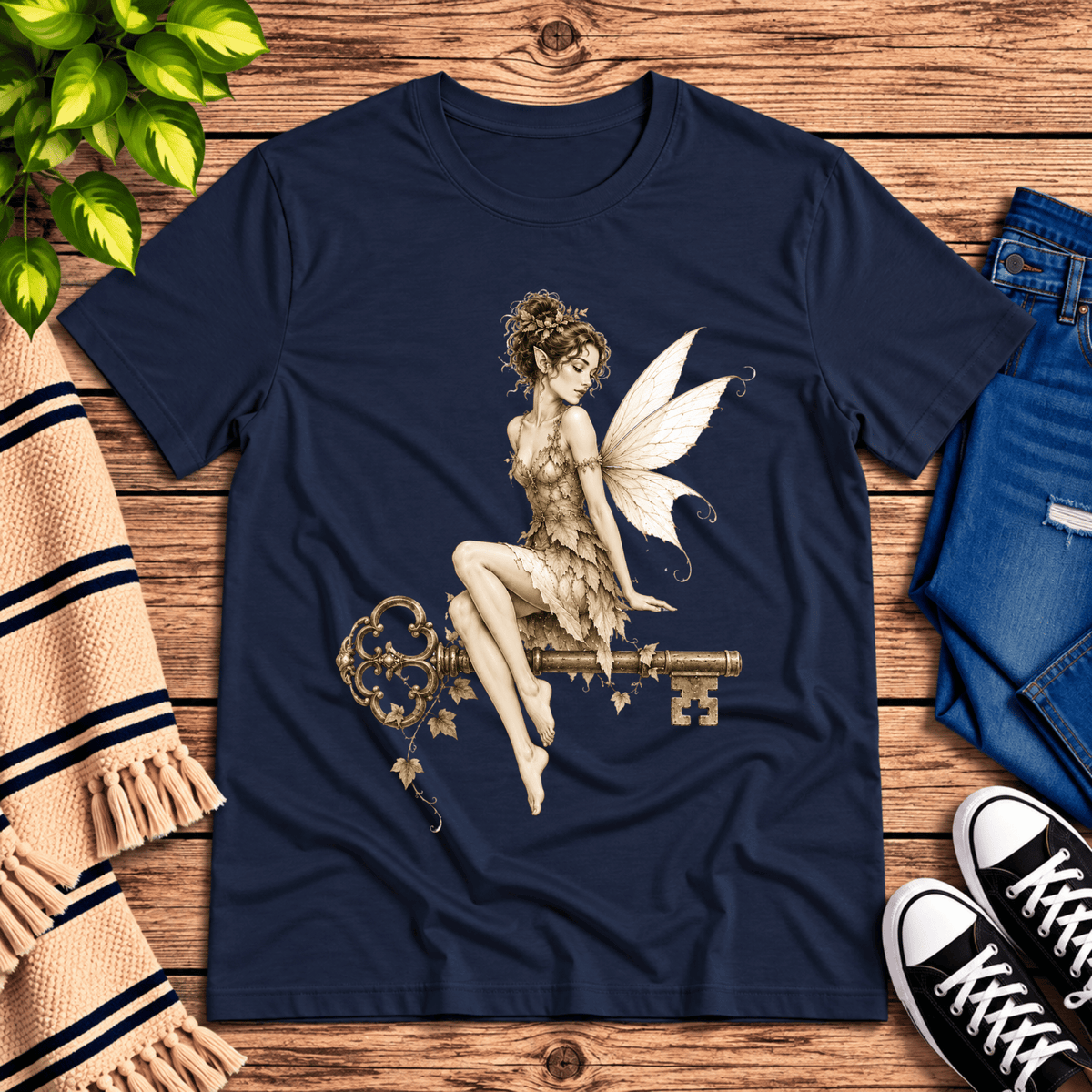 Key Fairy pinup graphic t-shirt cozy flat lay in navy.