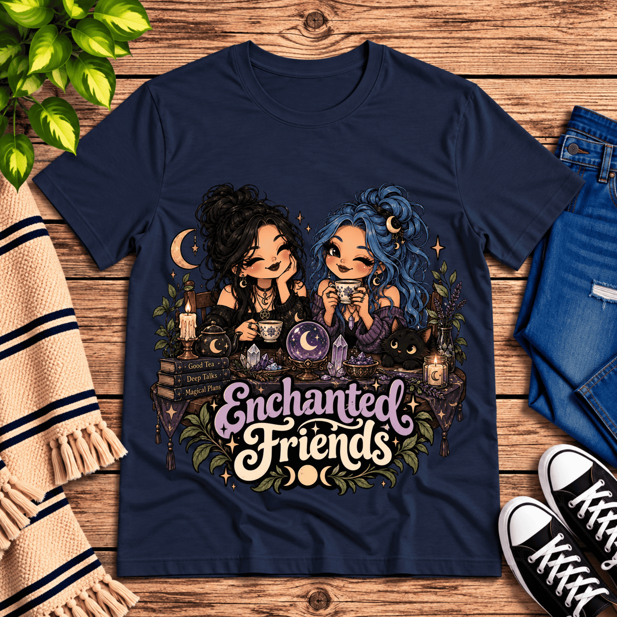 Enchanted Friends cute celestial graphic t-shirt cozy flat lay in deep teal.