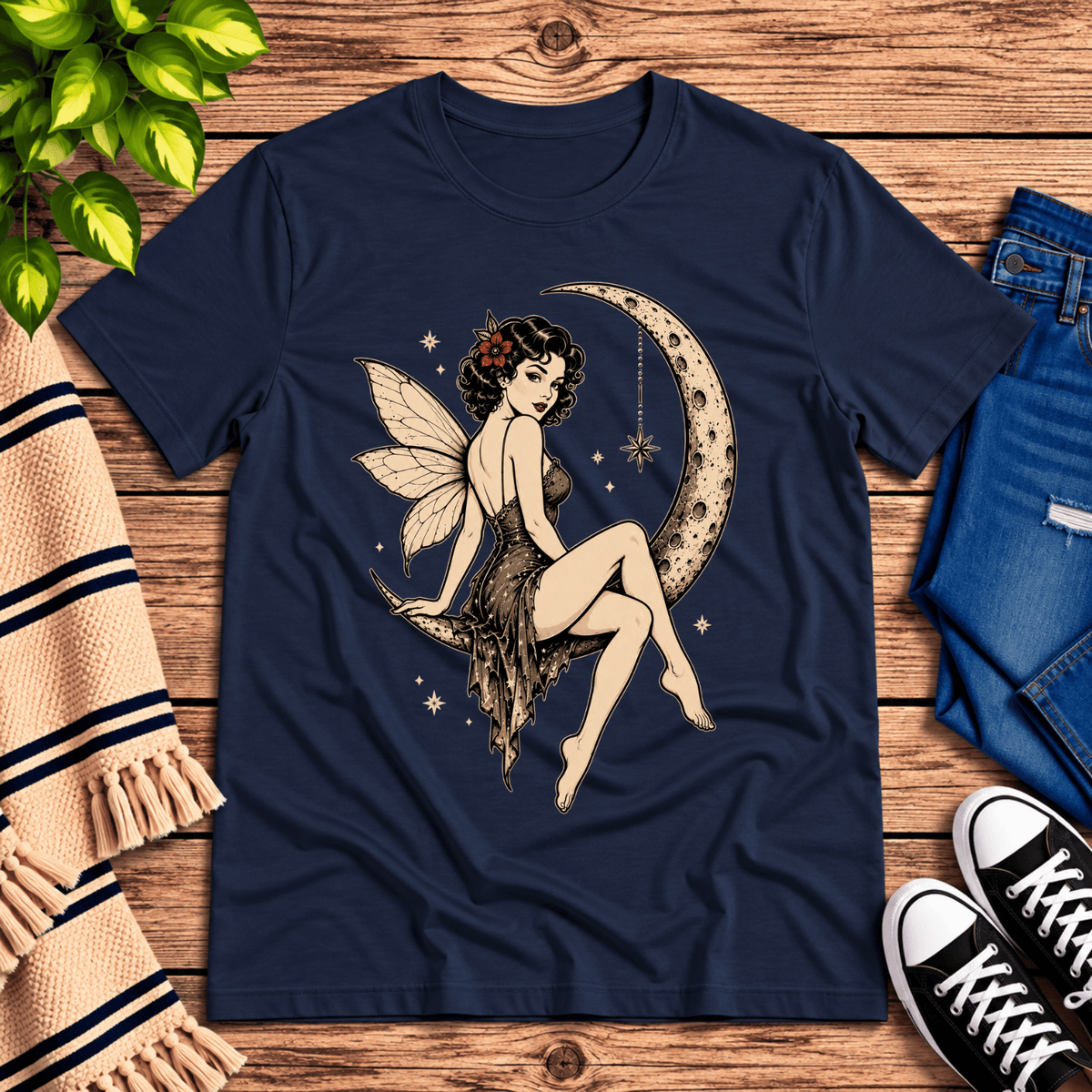 Red Rose Moon pinup fairy graphic t-shirt cozy flat lay in navy.