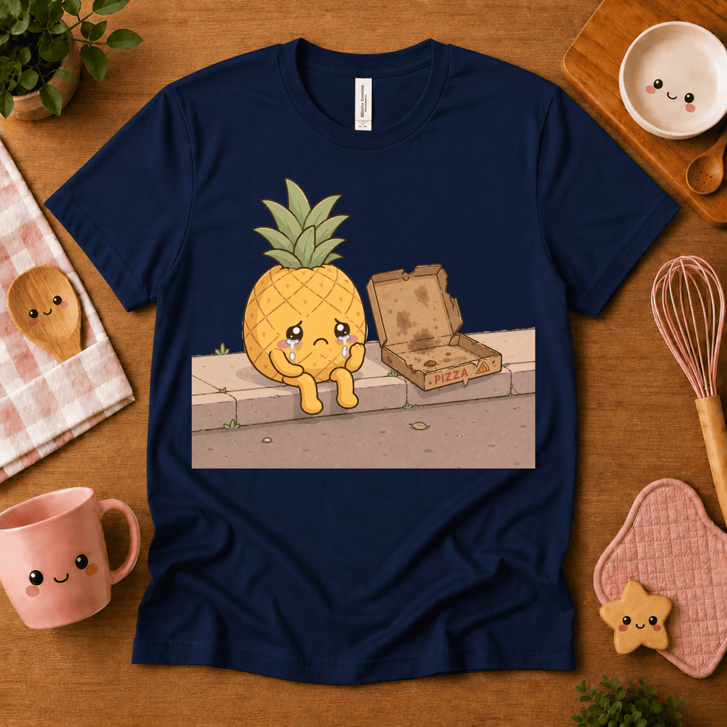 Pineapple Pizza cute food graphic t-shirt cozy flat lay in navy.
