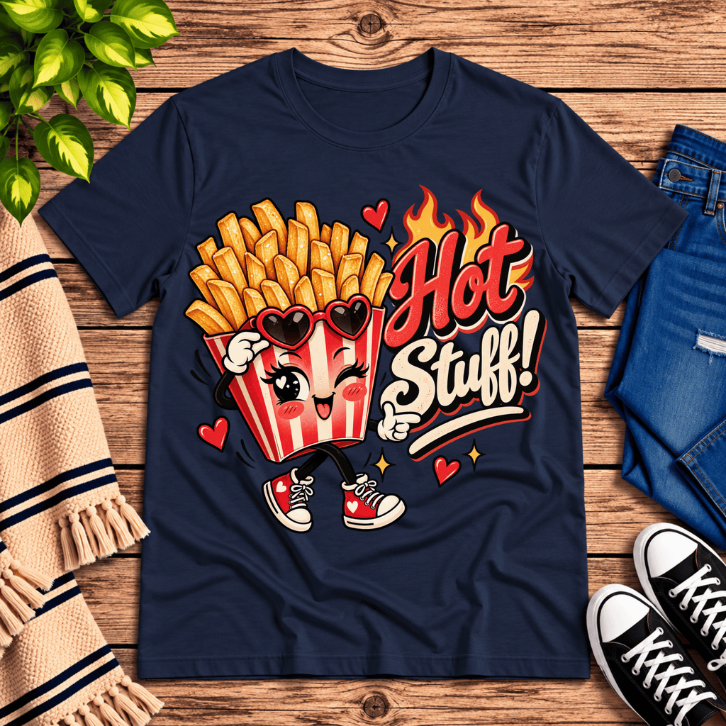 Hot Stuff retro food graphic t-shirt cozy flat lay in navy.