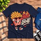 Hot Stuff retro food graphic t-shirt cozy flat lay in navy.