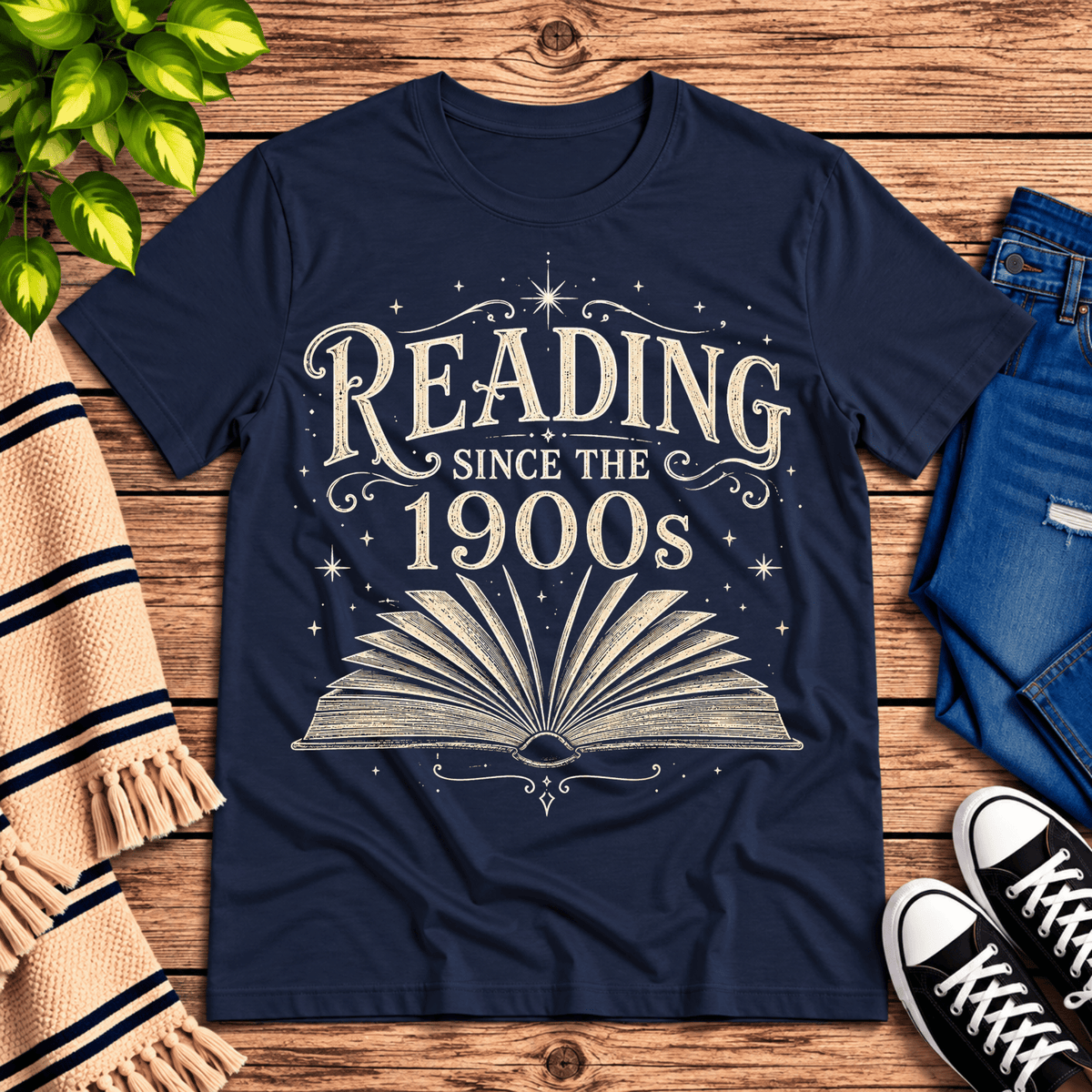 See Jane Read vintage book graphic t-shirt cozy flat lay in navy.