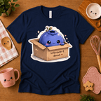 Blueberry Box cute food graphic t-shirt in cozy flat lay in navy.