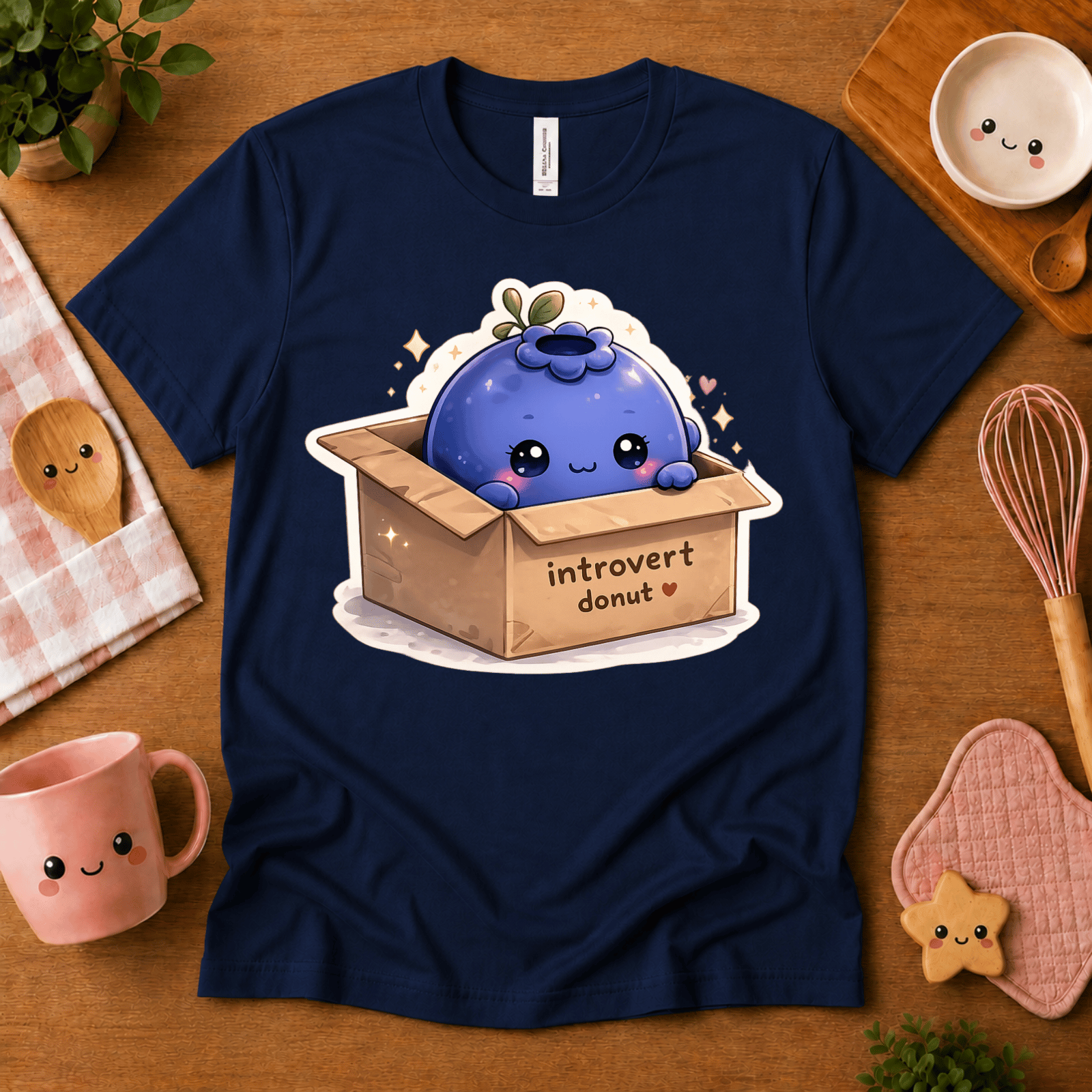 Blueberry Box cute food graphic t-shirt in cozy flat lay in navy.