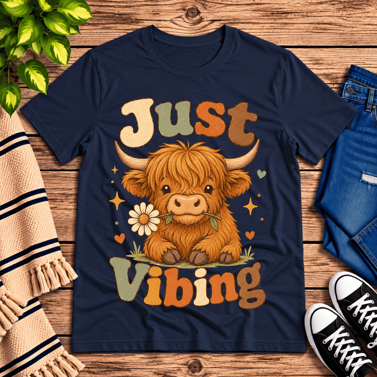 Just Vibing Cow cute animal graphic t-shirt cozy flat lay in navy.