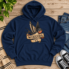 Winging It cute animal graphic hoodie cozy flat lay in navy.