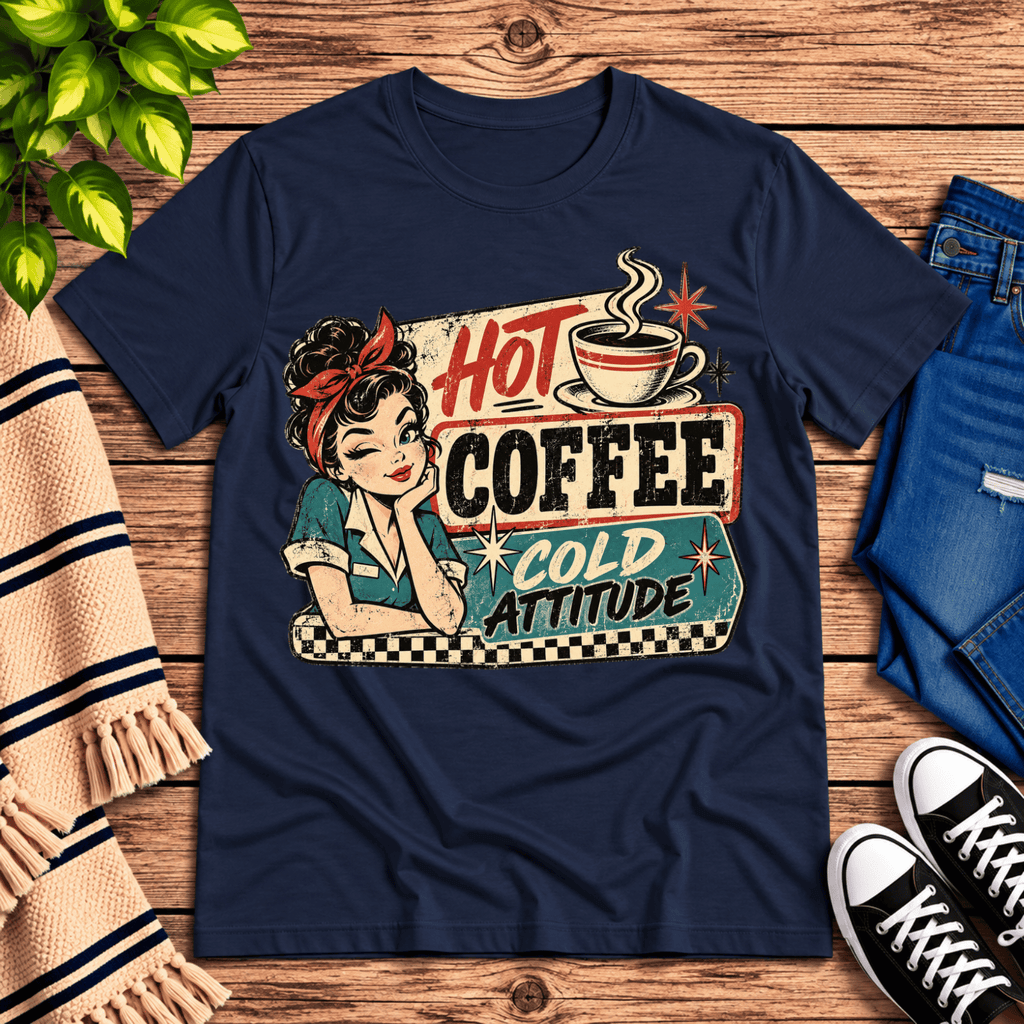 Hot Coffee retro coffee graphic t-shirt cozy flat lay in navy.