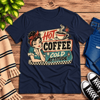 Hot Coffee retro coffee graphic t-shirt cozy flat lay in navy.