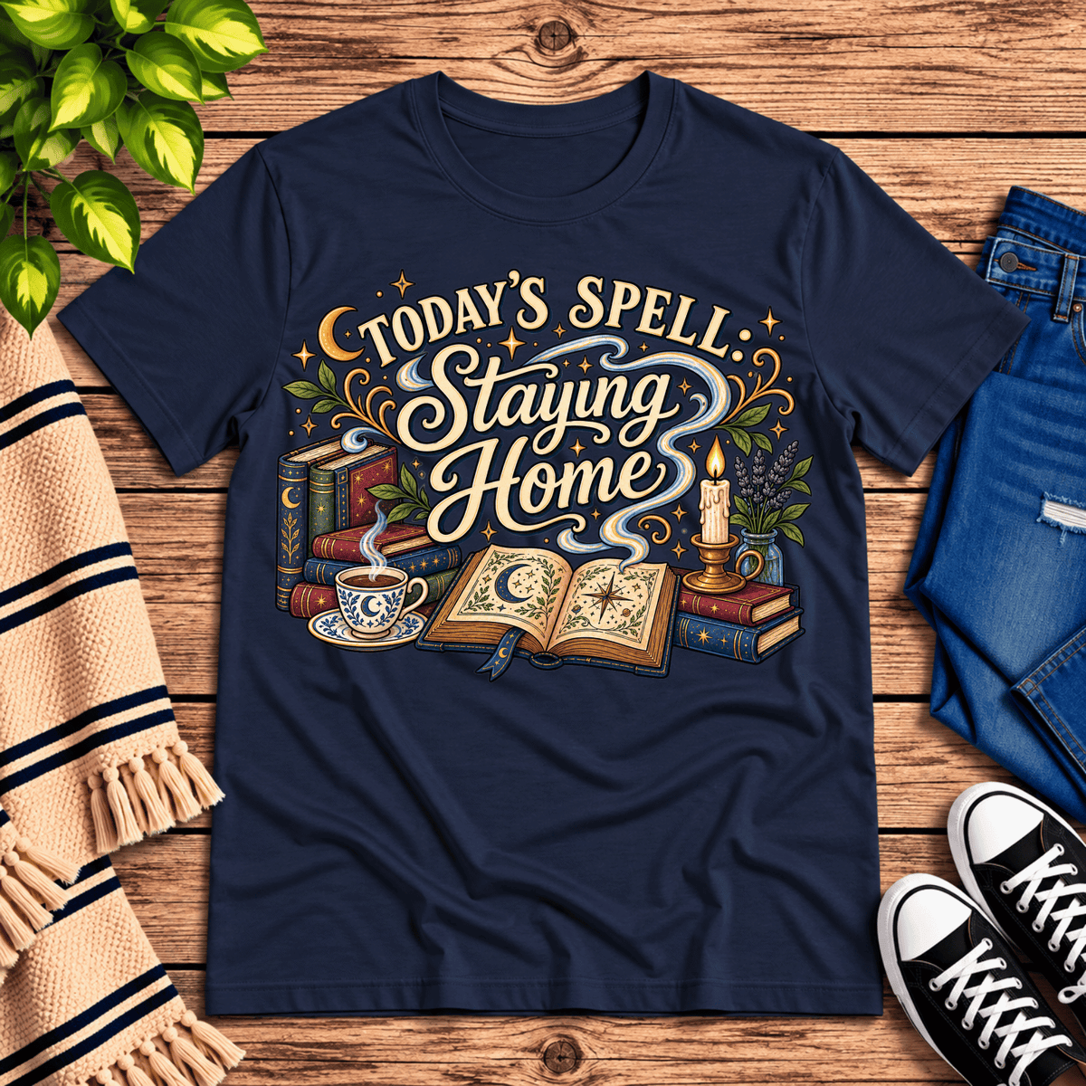 Today's Spell celestial witchy graphic t-shirt cozy flat lay in navy.
