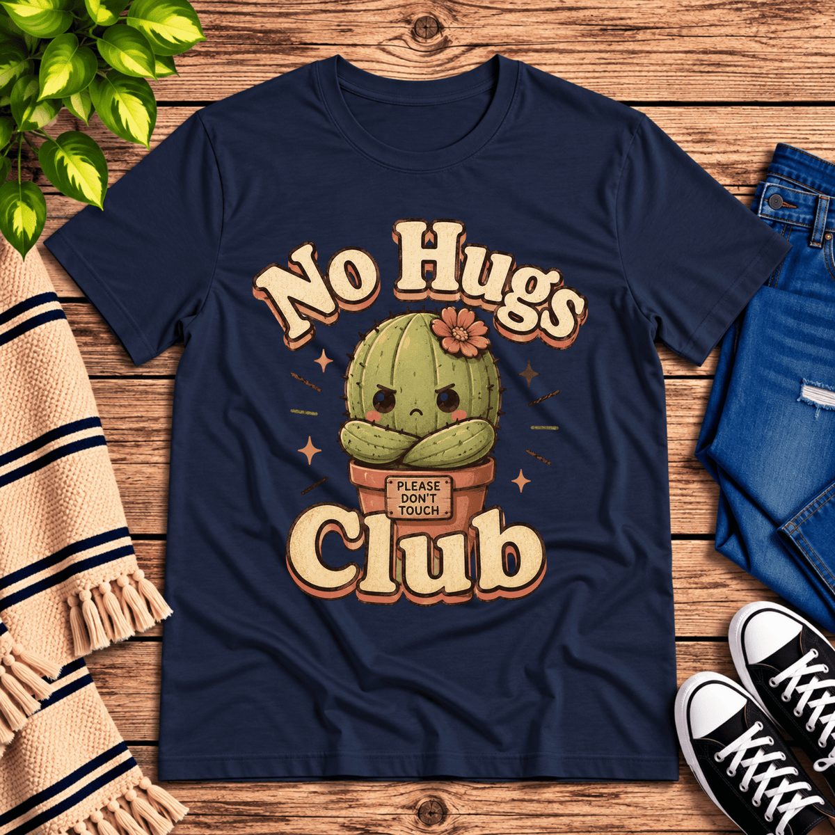 No Hugs Club funny cactus graphic t-shirt cozy flat lay in navy.