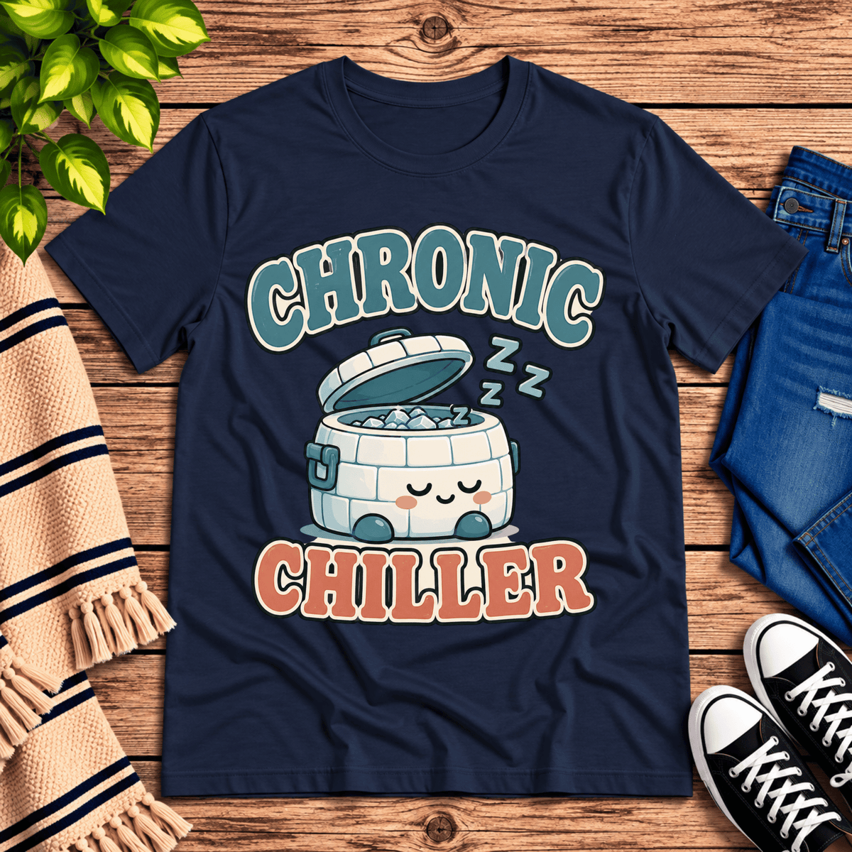 Chronic Chiller funny introvert graphic t-shirt cozy flat lay in navy.