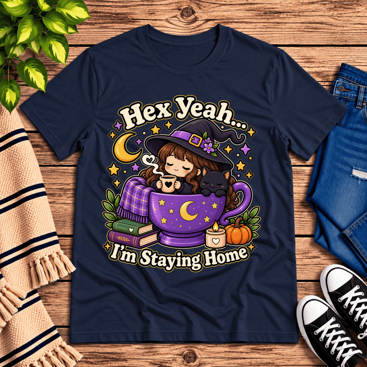 Hex Yeah witchy celestial graphic t-shirt cozy flat lay in navy.