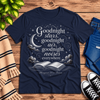 Goodnight Stars book quote graphic t-shirt cozy flat lay in navy.