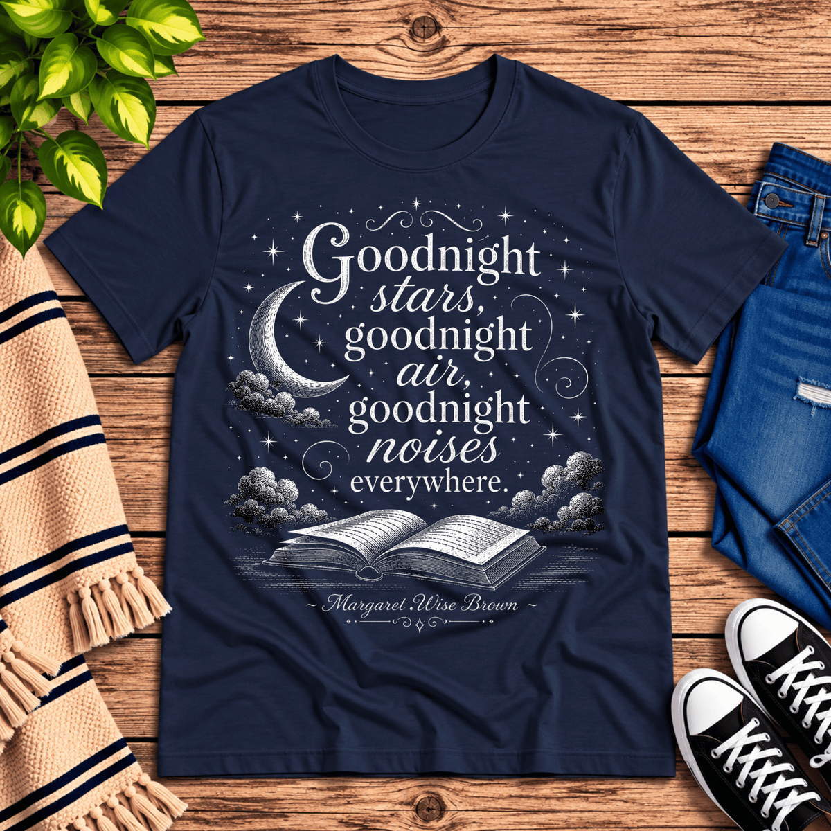 Goodnight Stars book quote graphic t-shirt cozy flat lay in navy.