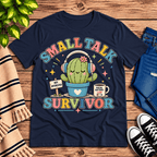 Small Talk Survivor funny plant graphic t-shirt cozy flat lay in navy.