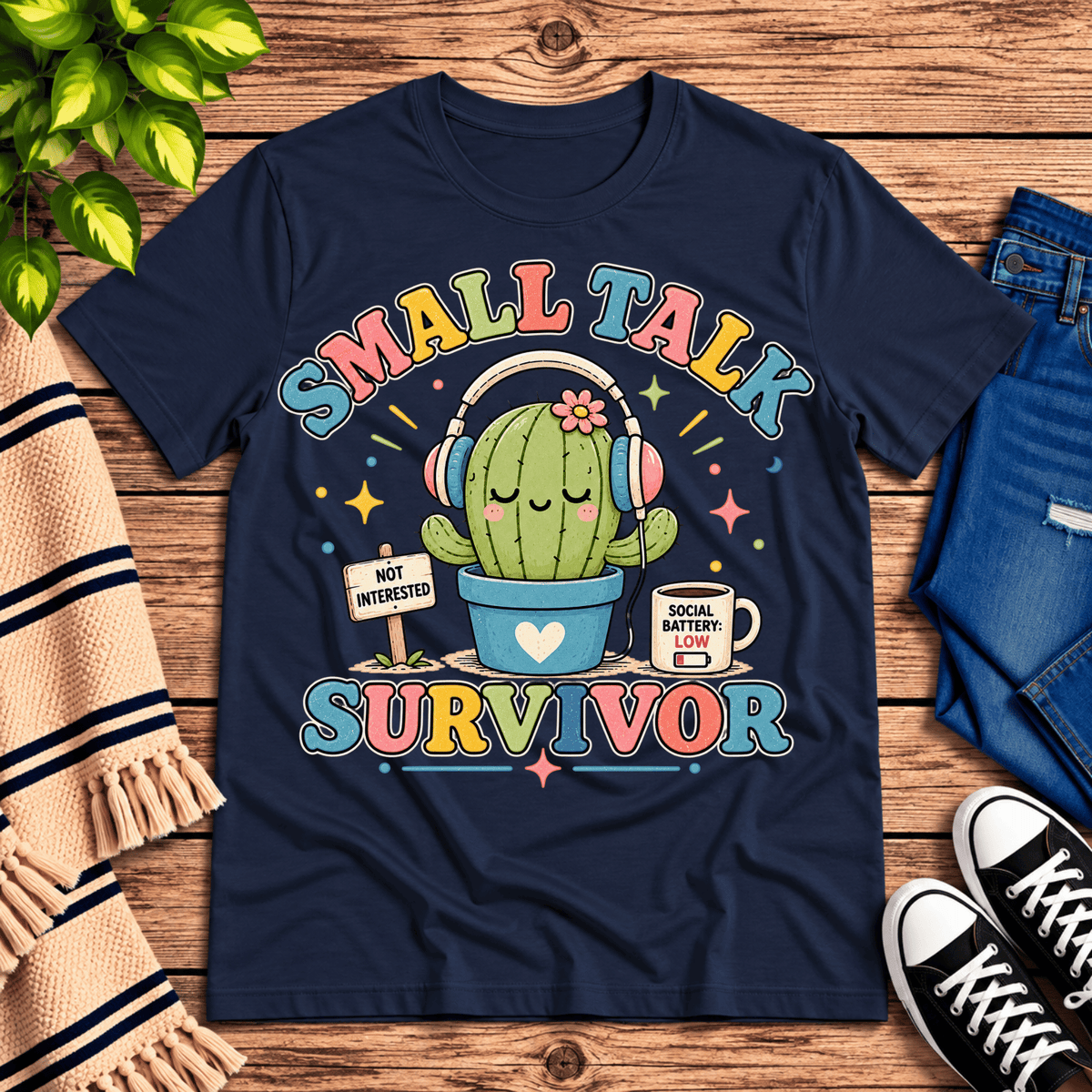 Small Talk Survivor funny plant graphic t-shirt cozy flat lay in navy.