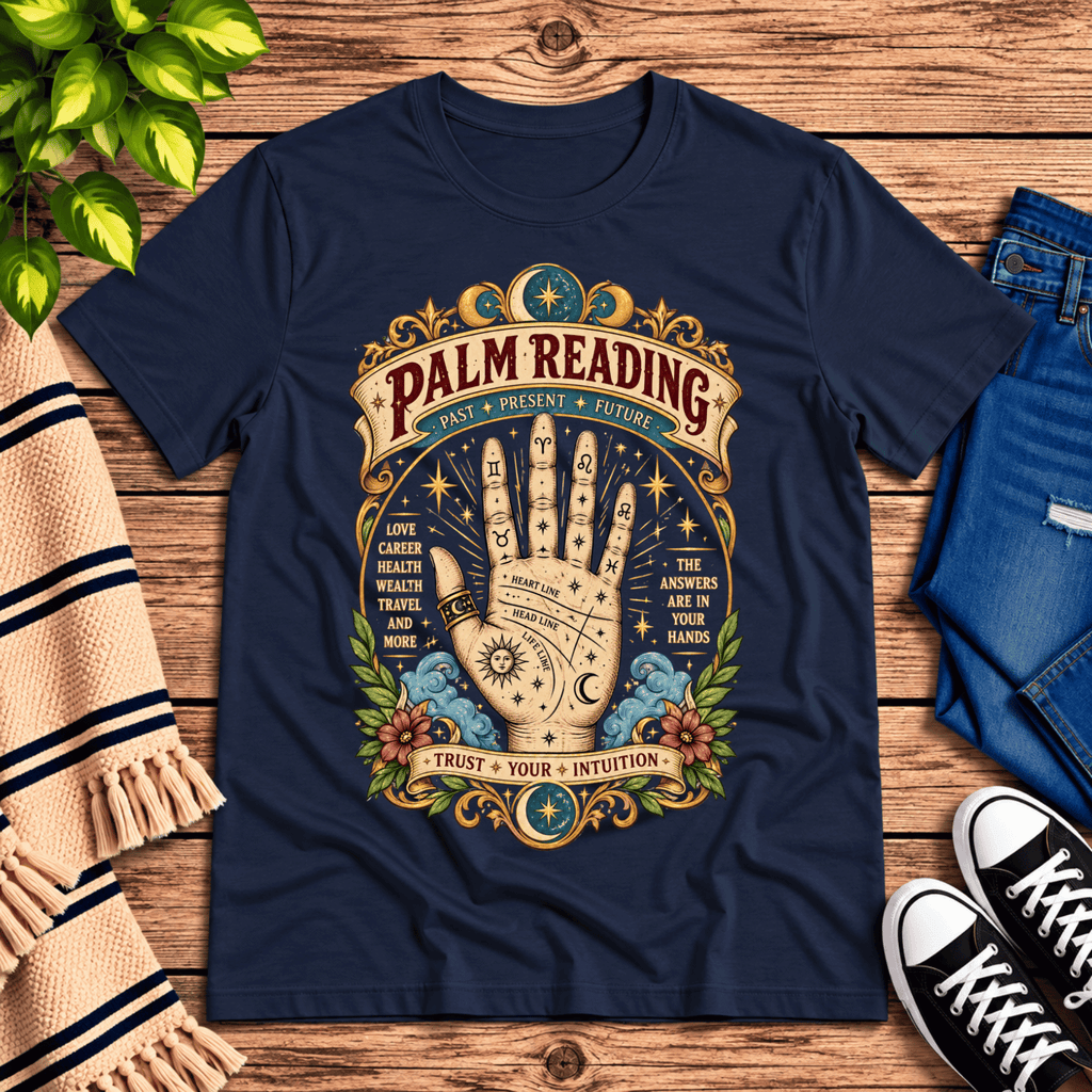 Palm Reading retro mystical graphic t-shirt cozy flat lay in navy.