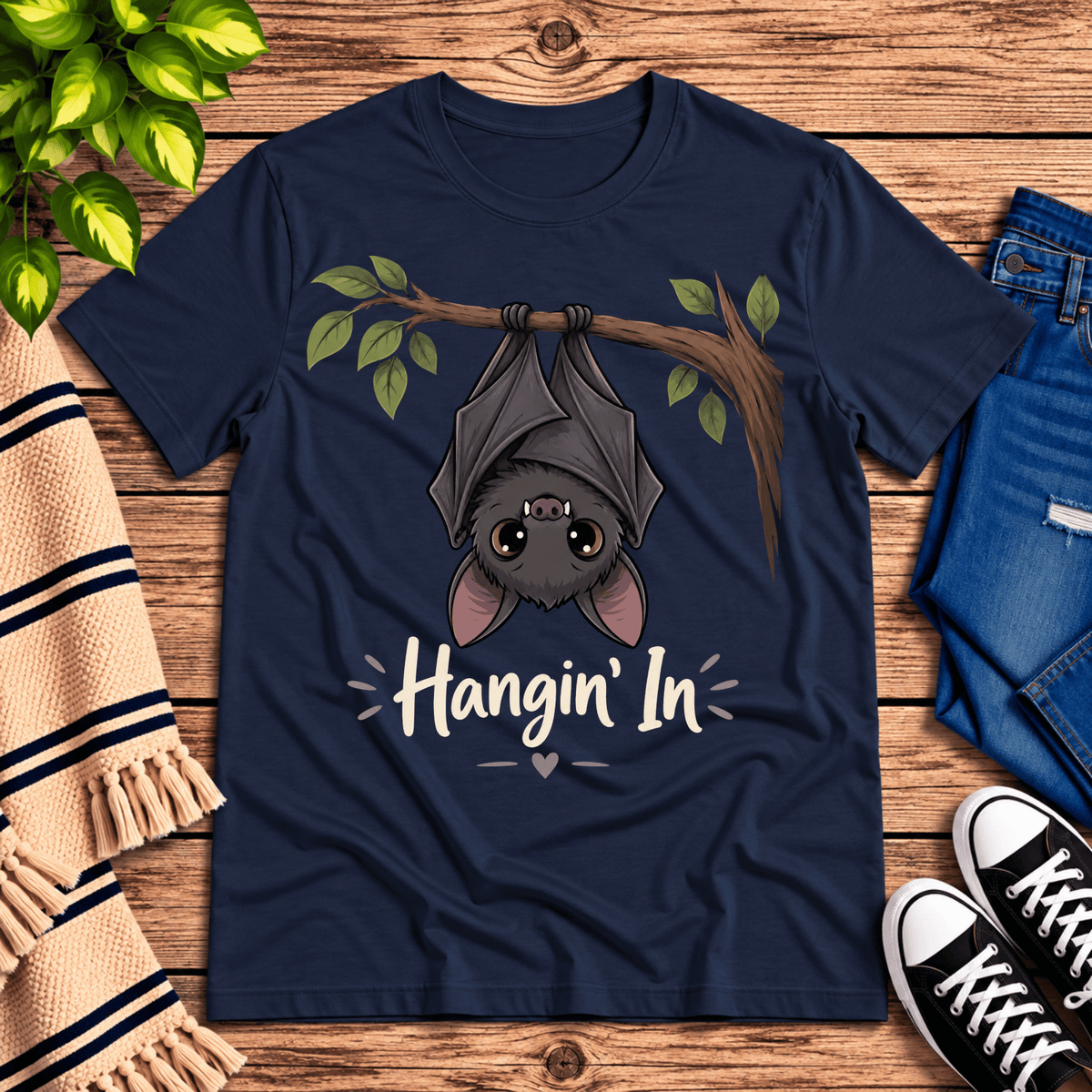 Hangin' In cute introvert graphic t-shirt cozy flat lay in navy.