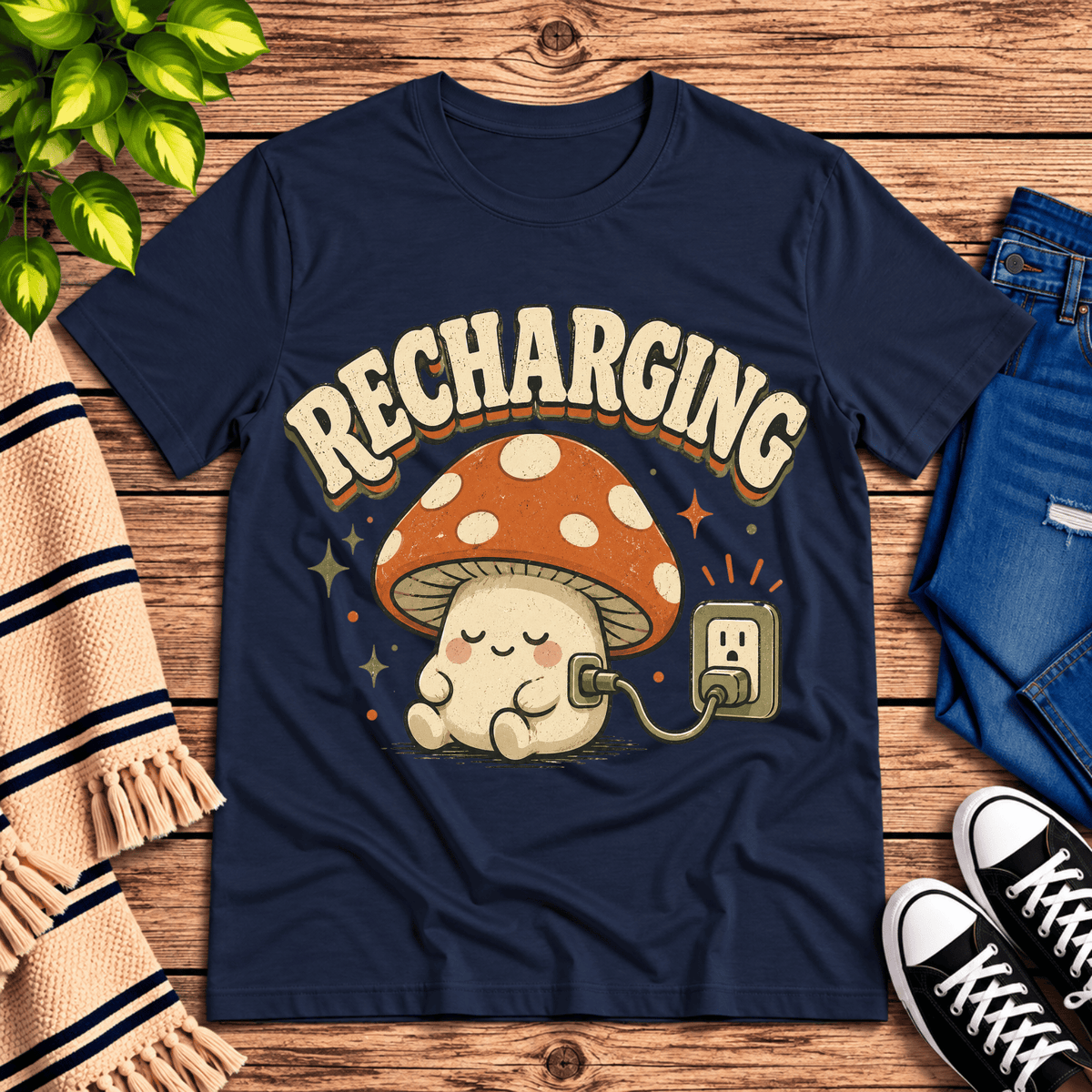 Recharging Mushroom cute cottagecore graphic t-shirt cozy flat lay in nav.